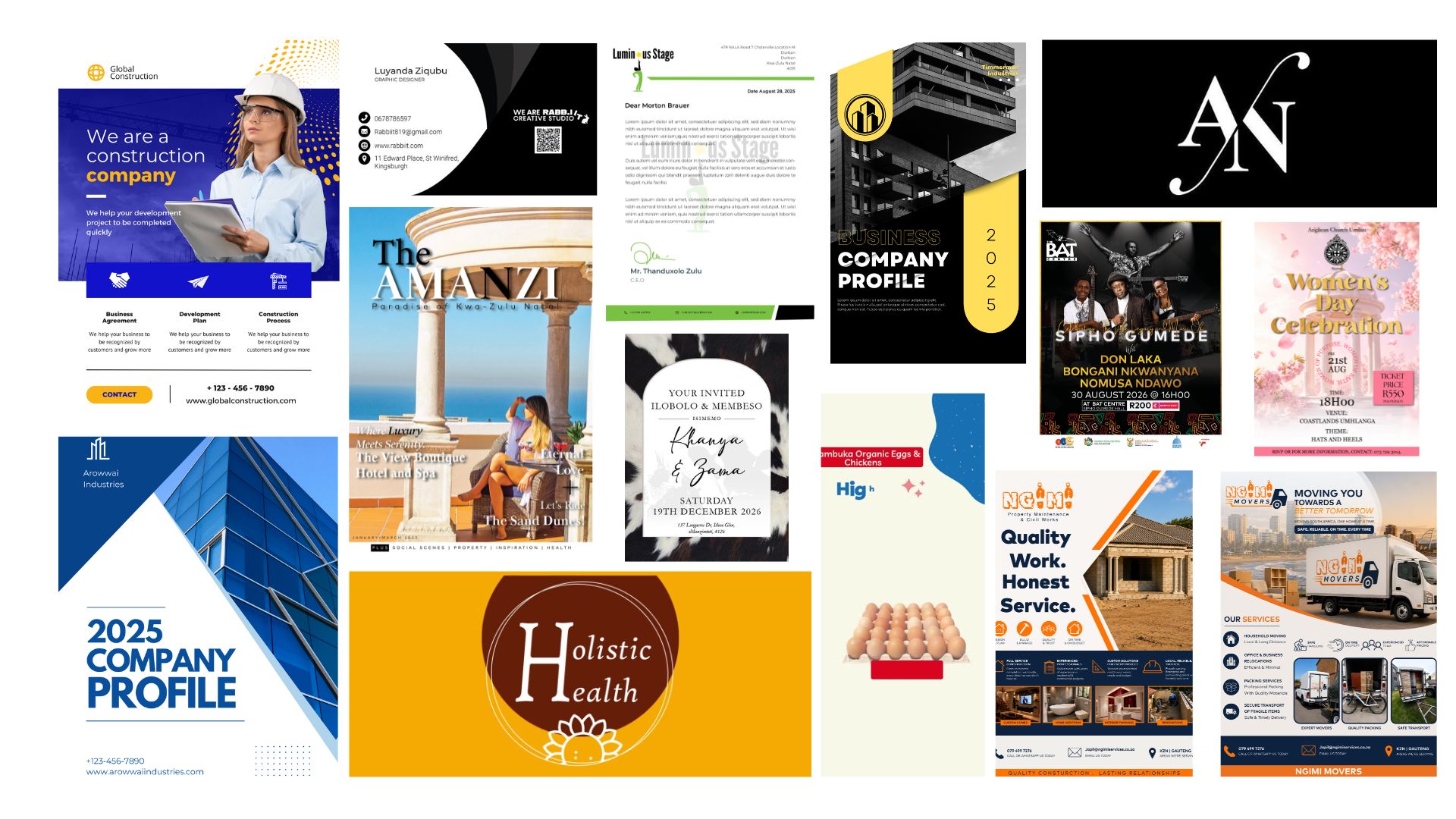 A selection of Rabb.iit Creative Studios branding, company profile, event poster, invitation, packaging and marketing design projects